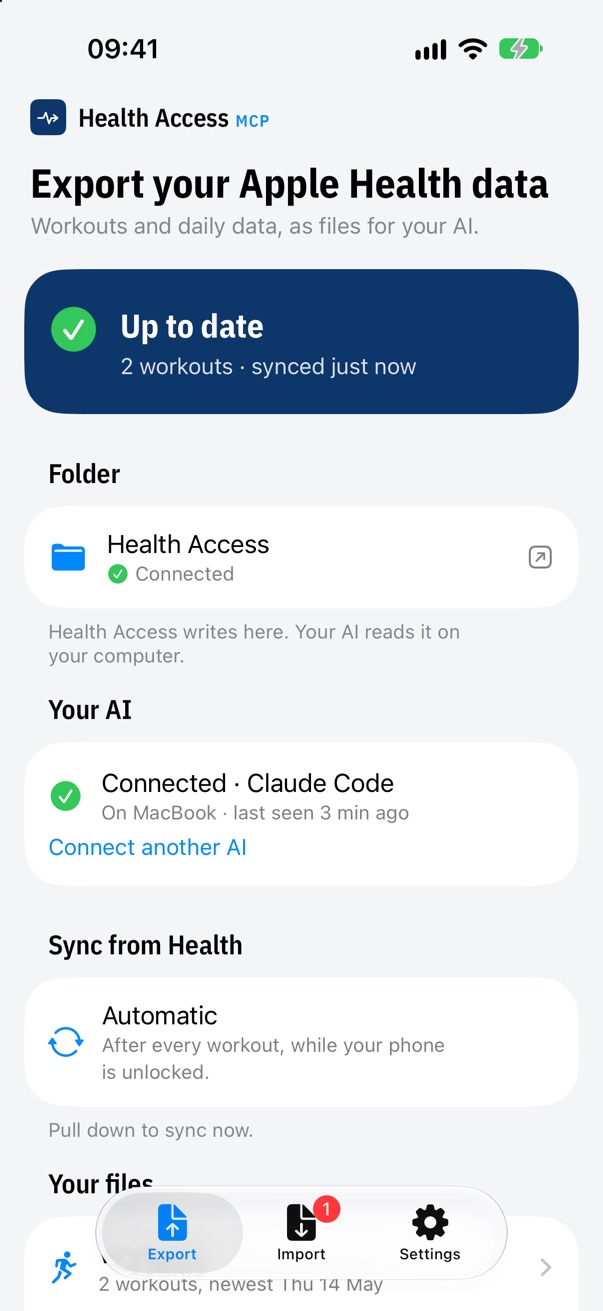The Export tab: Up to date with a green check, the Health Access folder connected, Claude Code connected, automatic sync after every workout.