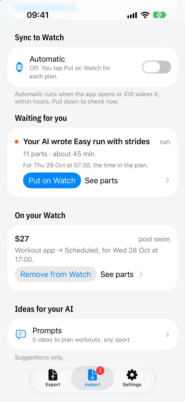 The Import tab: an AI-written run waiting with Put on Watch, a swim already scheduled on the Watch with Remove from Watch.