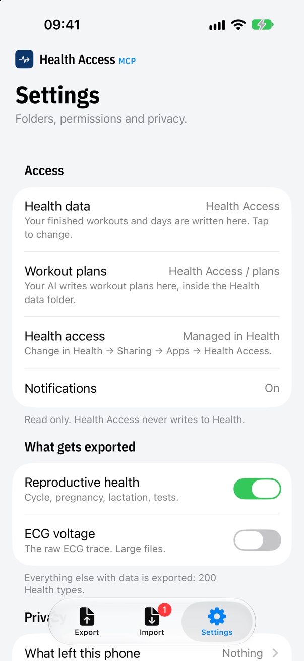 The Settings tab: the Health data folder and the Workout plans folder, Health access, notifications, what gets exported.